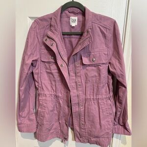 Small, Lavender, Gap, denim jacket, gathered waist, slant pockets & flap pockets